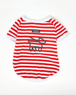 red stripe t-shirt with dog logo