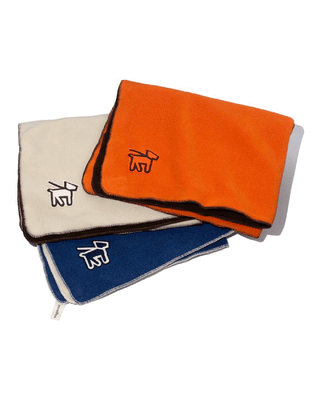 Three Dog Blankets with logo in Orange, Navy, and Natural