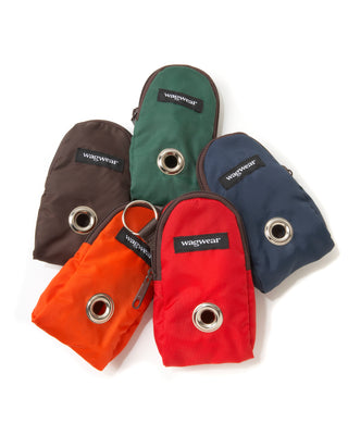 various nylon pouch in chocolate, orange, red, navy, and green
