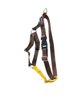 contrast nylon harness in brown and yellow