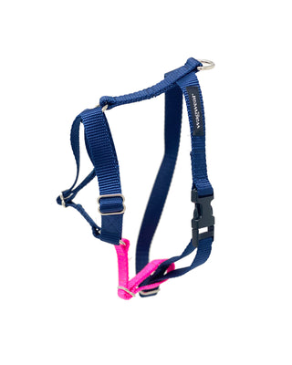 contrast nylon harness in navy and hot pink