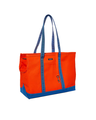 boat canvas zipper tote in orange and royal blue