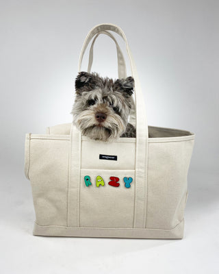 white dog carrier with model dog inside. enamel monogram pins attached spell the name razy