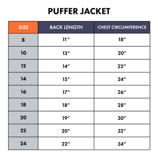 Puffer jacket size chart with measurements for back length and chest circumference.