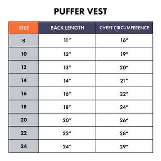 Size chart for puffer vests showing back length and chest circumference.