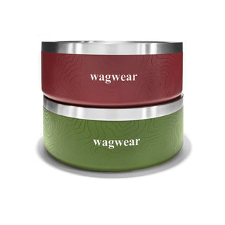 Stacked Mulberry and Grove stainless steel dog bowls by wagwear