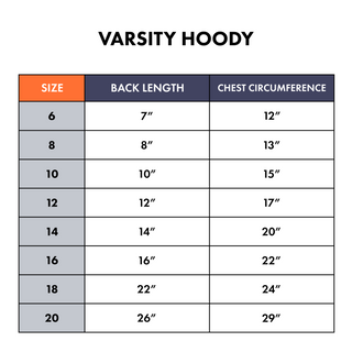 Size chart for Varsity Hoody with back length and chest circumference measurements.