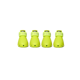 Four bright green dog boots with brand name on a white background