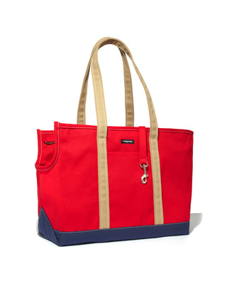 Dog Carrier in Red, Navy, and Tan
