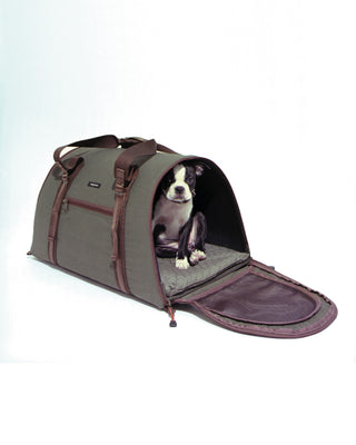 cotton ripstop carrier in olive with dog model inside