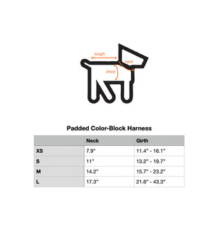 padded color block harness size guide