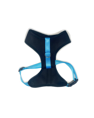 color block padded harness in black and cobalt