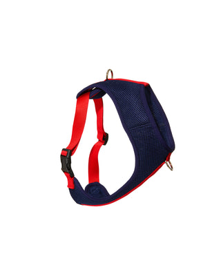 color block padded harness in navy and red