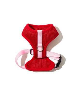 color block padded harness in red and pink